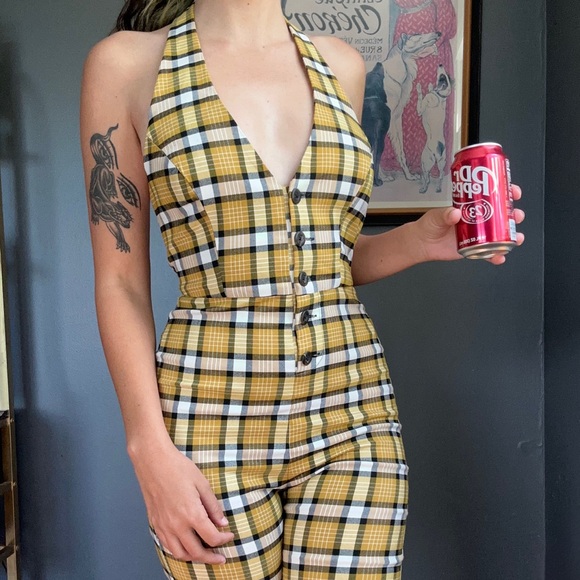 Urban Outfitters size small yellow plaid 70’s style jumpsuit with halter top - Picture 1 of 7